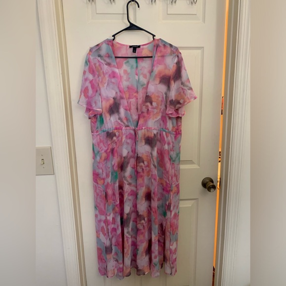 Torrid Watercolor Print Kimono Style Duster Swim Cover Up Flutter Sleeves - Picture 4 of 7